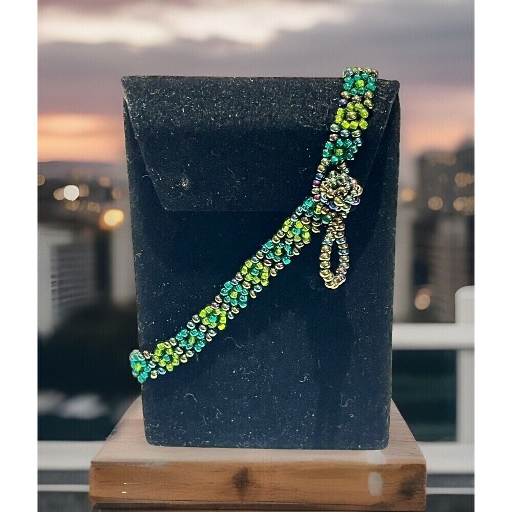Bracelet Hand Made BEAUTIFUL Beaded Floral Adjustable Green Blue Fairy Mermaid